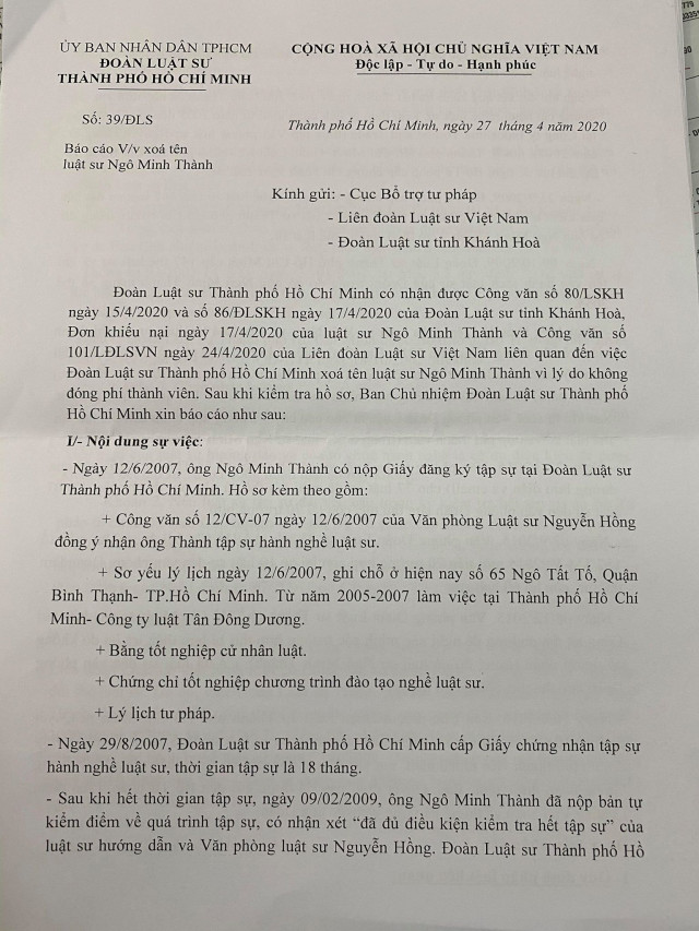 BÁO CÁO CỦA ĐOÀN LUẬT SƯ THÀNH PHỐ HỒ CHÍ MINH VỀ VIỆC XÓA TÊN LUẬT SƯ NGÔ MINH THÀNH. – Đoàn luật sư Khánh Hòa