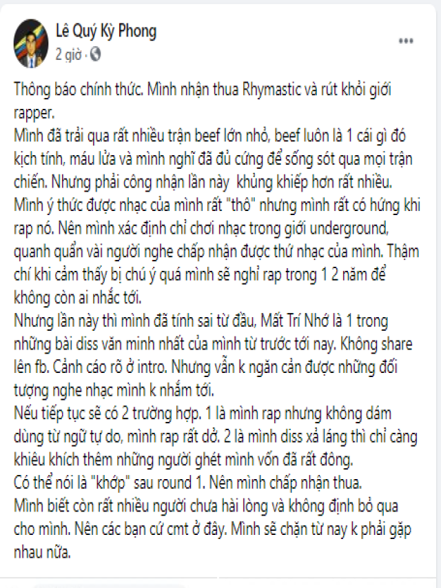 "Kẻ gây chiến" Torai9 bất ngờ nhận thua sau khi Rhymastic tung bản rap "bác học"