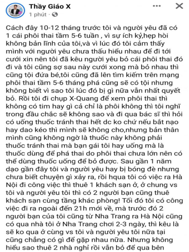 Thầy giáo X thừa nhận việc bắt bạn gái phá thai và hay bị bóng đè